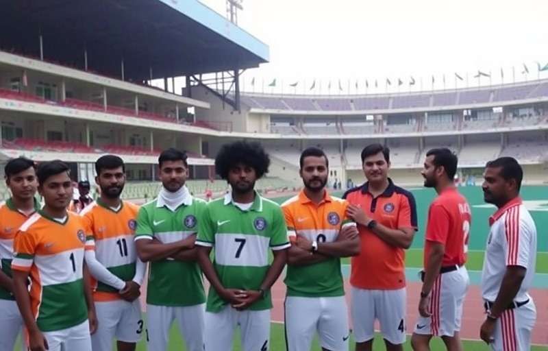 Goa Emerging Football Stars Independence Day event showing players in tricolor kits with stadium decorated with Indian flags