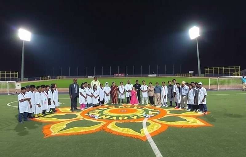 Goa Emerging Football Stars Diwali event showing illuminated stadium with rangoli decorations and players in traditional Diwali attire